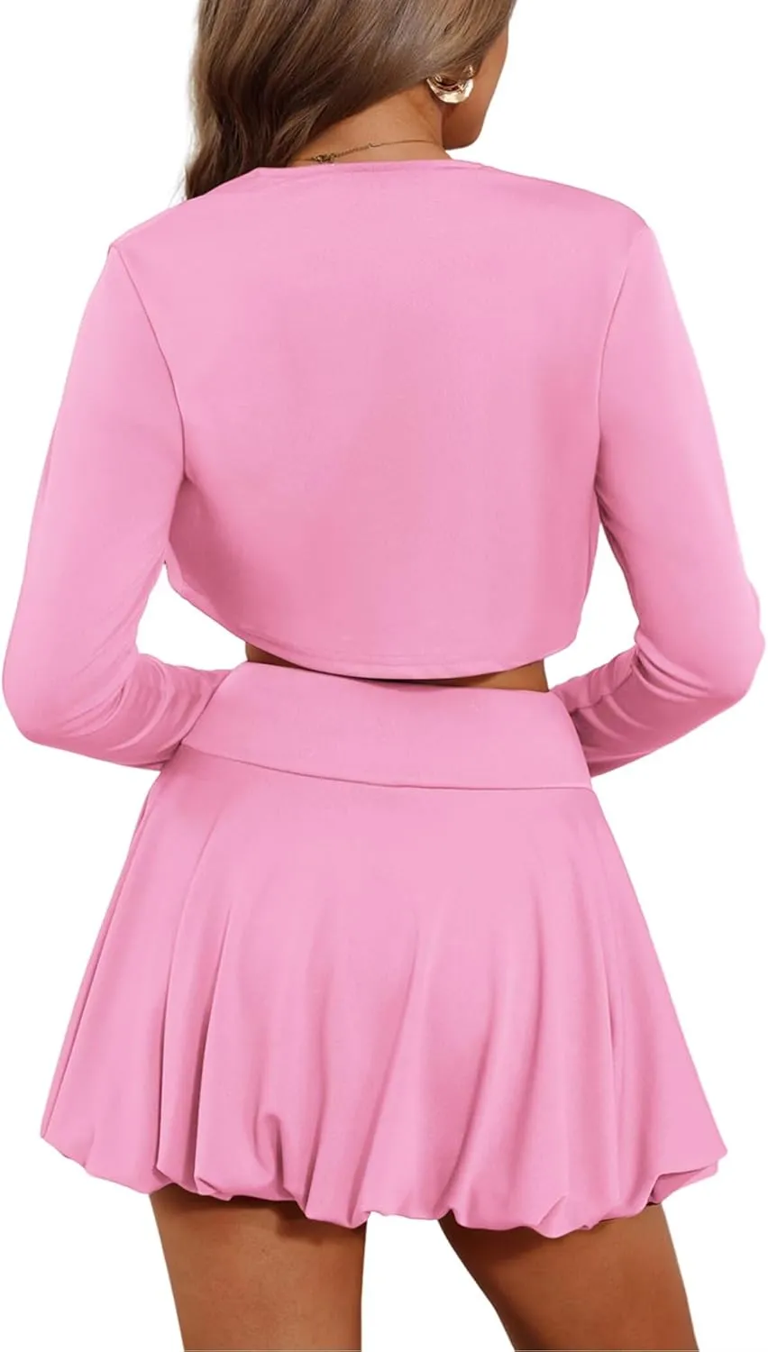Mintsnow Women's Skirt Suit 2 Piece Outfits Long Sleeve Open Front Cropped Jackets Y2K Pleated Mini Bubble Dresses Sets