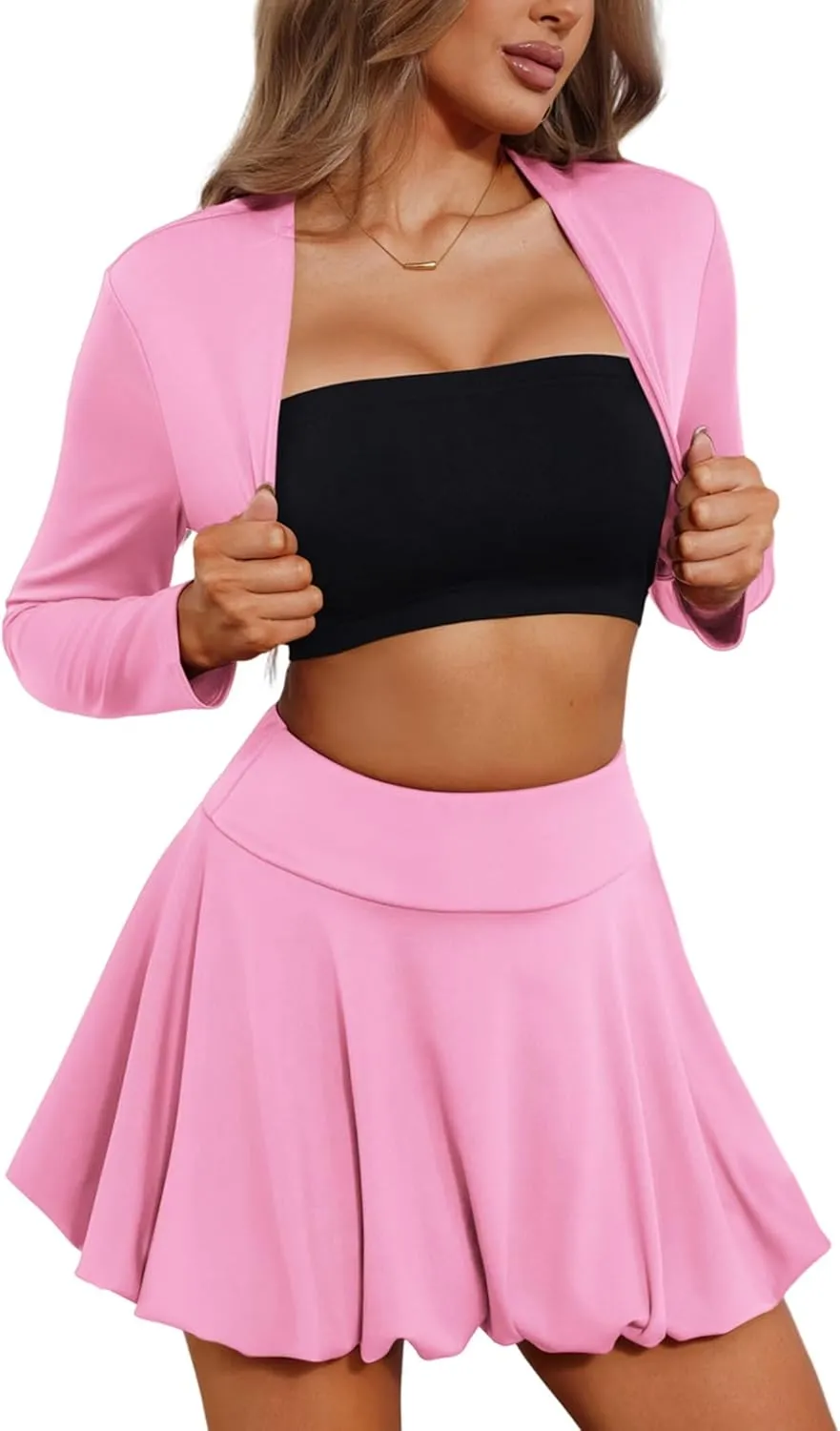 Mintsnow Women's Skirt Suit 2 Piece Outfits Long Sleeve Open Front Cropped Jackets Y2K Pleated Mini Bubble Dresses Sets