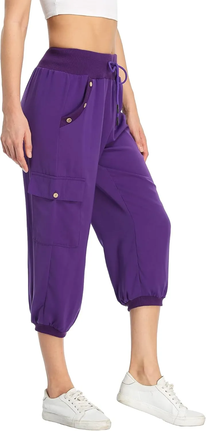 MISS MOLY Women's Cargo Capris Travel Pants Button Decor Summer Loose Harem Sweatpants Stylish Soft with Pockets