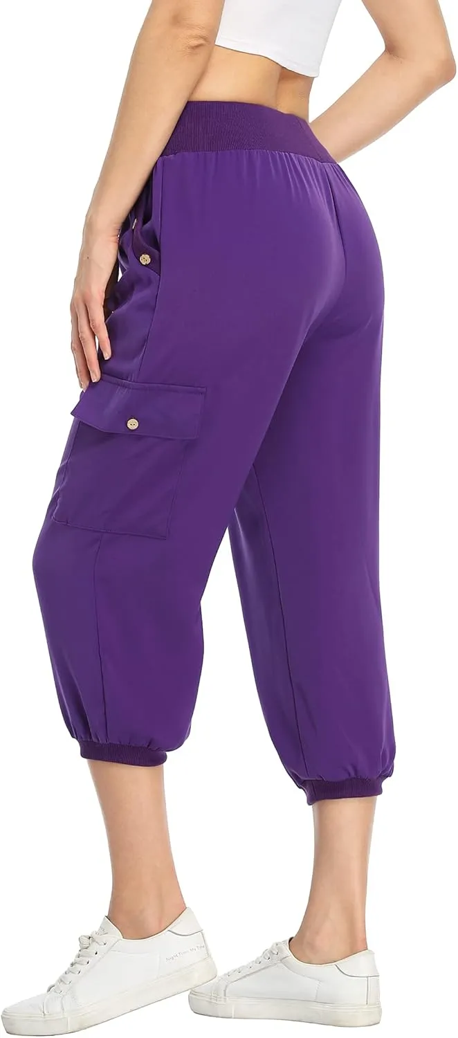MISS MOLY Women's Cargo Capris Travel Pants Button Decor Summer Loose Harem Sweatpants Stylish Soft with Pockets