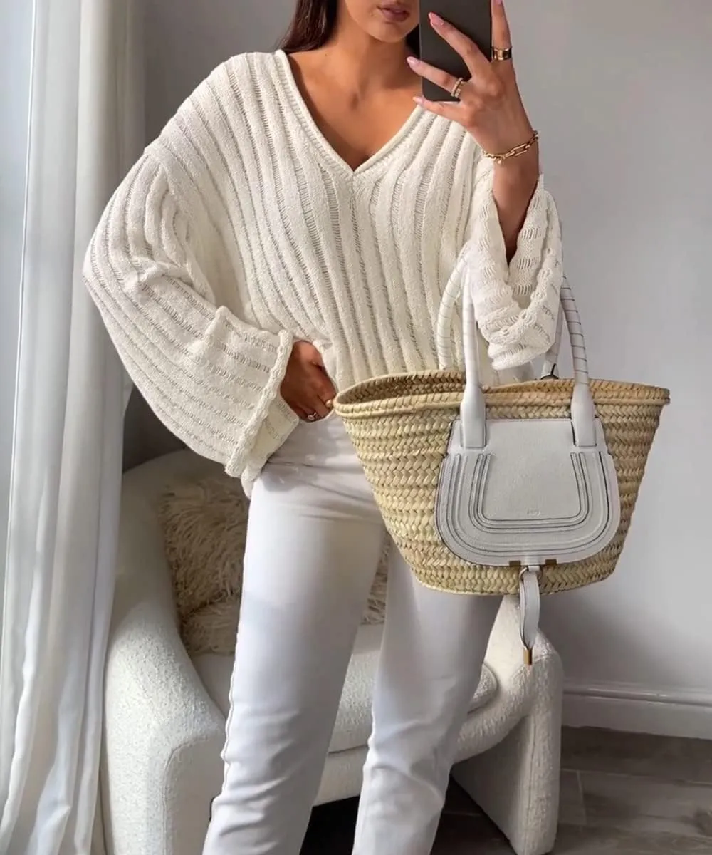 MISSACTIVER Womens Oversized Long Sleeve Sweater Sexy V Neck Off Shoulder Knit Solid Drop Shoulder Shirt Pullover Sweaters