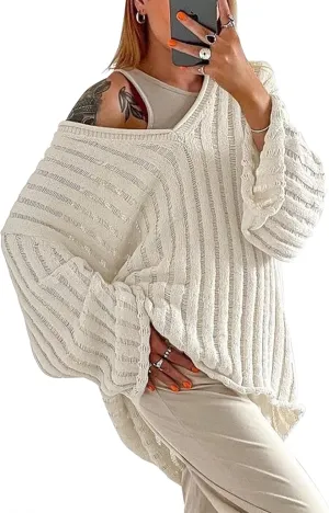 MISSACTIVER Womens Oversized Long Sleeve Sweater Sexy V Neck Off Shoulder Knit Solid Drop Shoulder Shirt Pullover Sweaters
