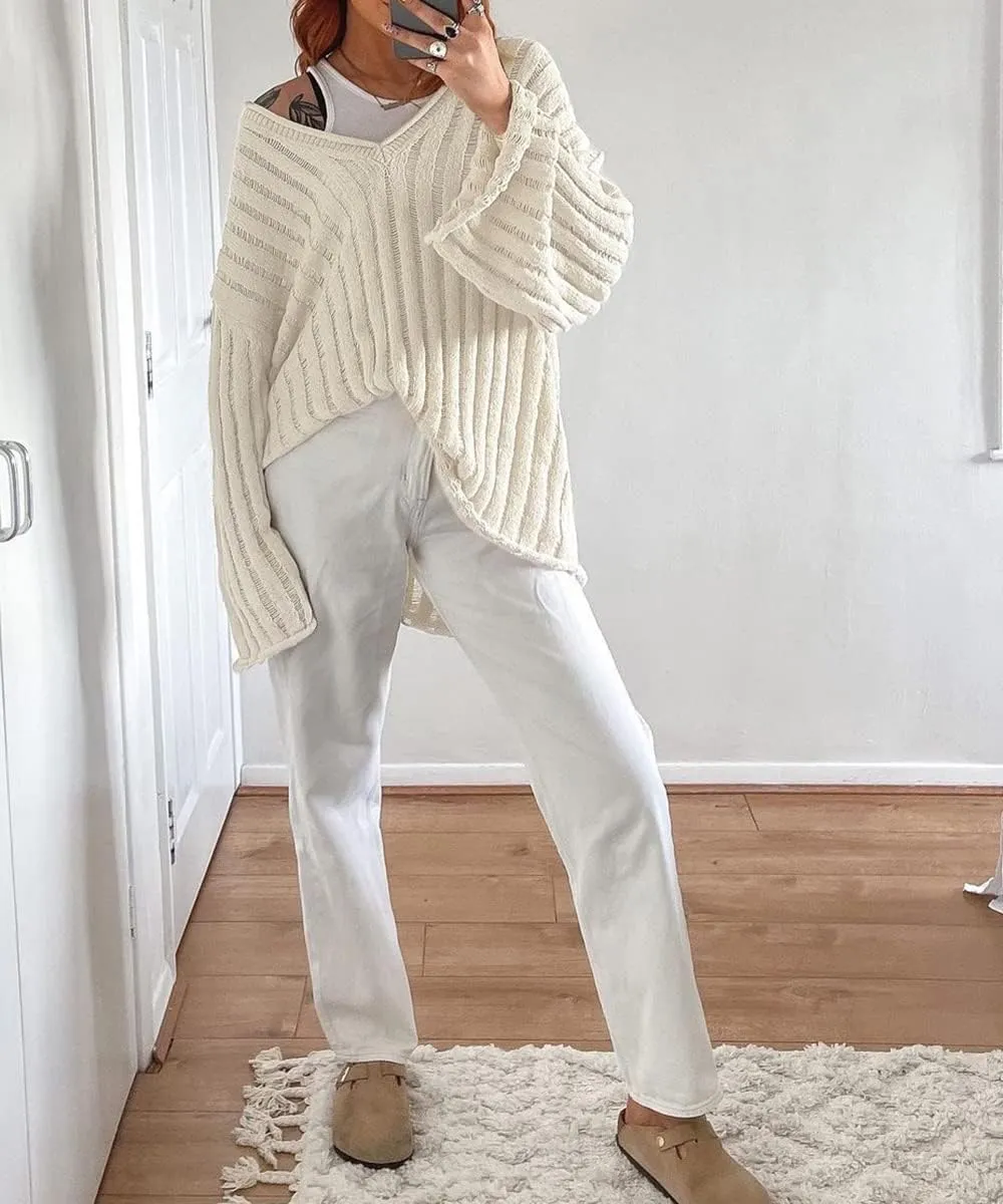 MISSACTIVER Womens Oversized Long Sleeve Sweater Sexy V Neck Off Shoulder Knit Solid Drop Shoulder Shirt Pullover Sweaters