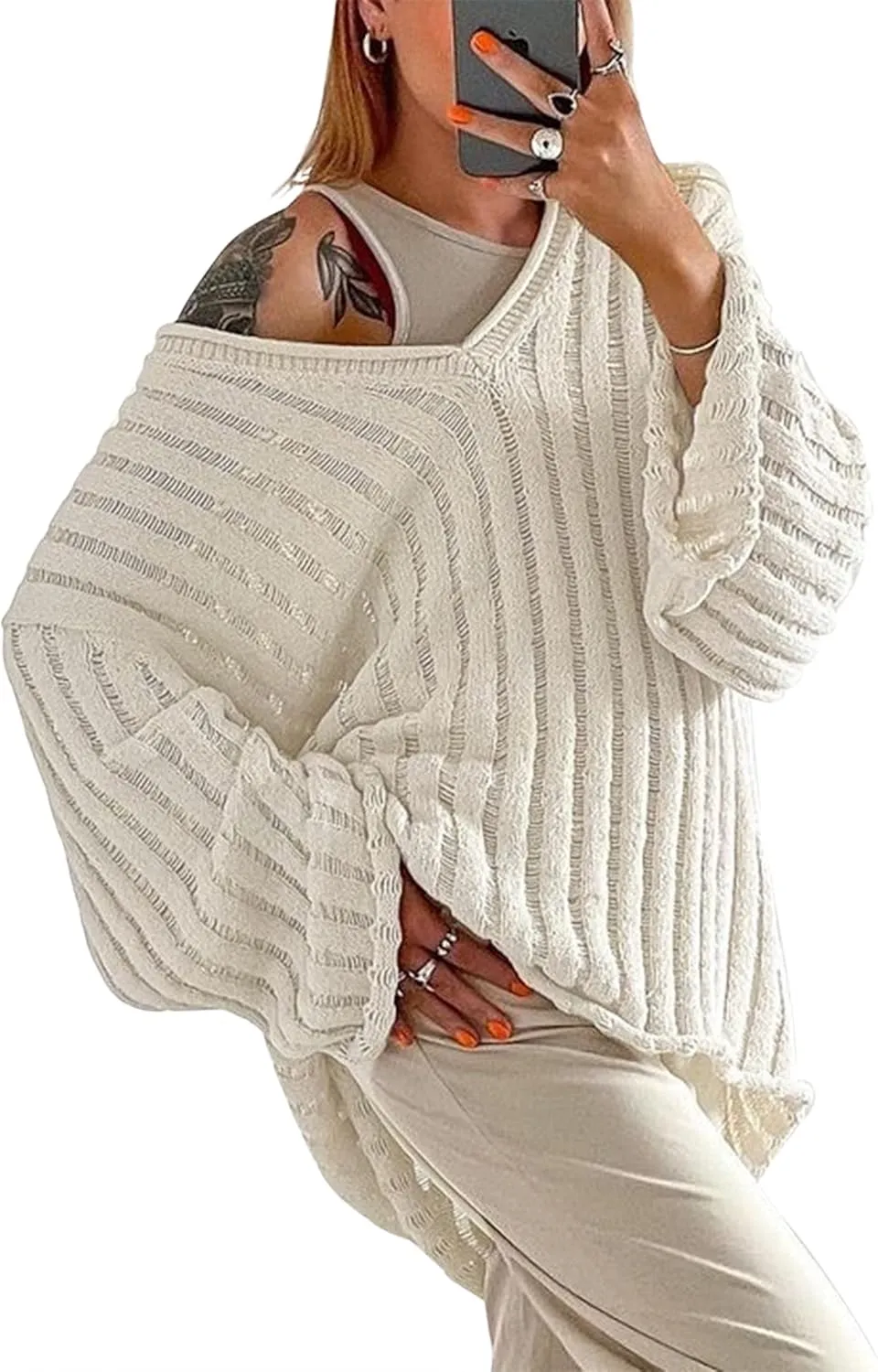 MISSACTIVER Womens Oversized Long Sleeve Sweater Sexy V Neck Off Shoulder Knit Solid Drop Shoulder Shirt Pullover Sweaters