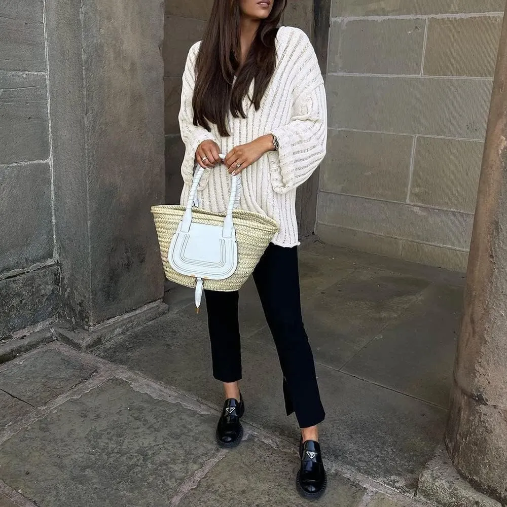 MISSACTIVER Womens Oversized Long Sleeve Sweater Sexy V Neck Off Shoulder Knit Solid Drop Shoulder Shirt Pullover Sweaters