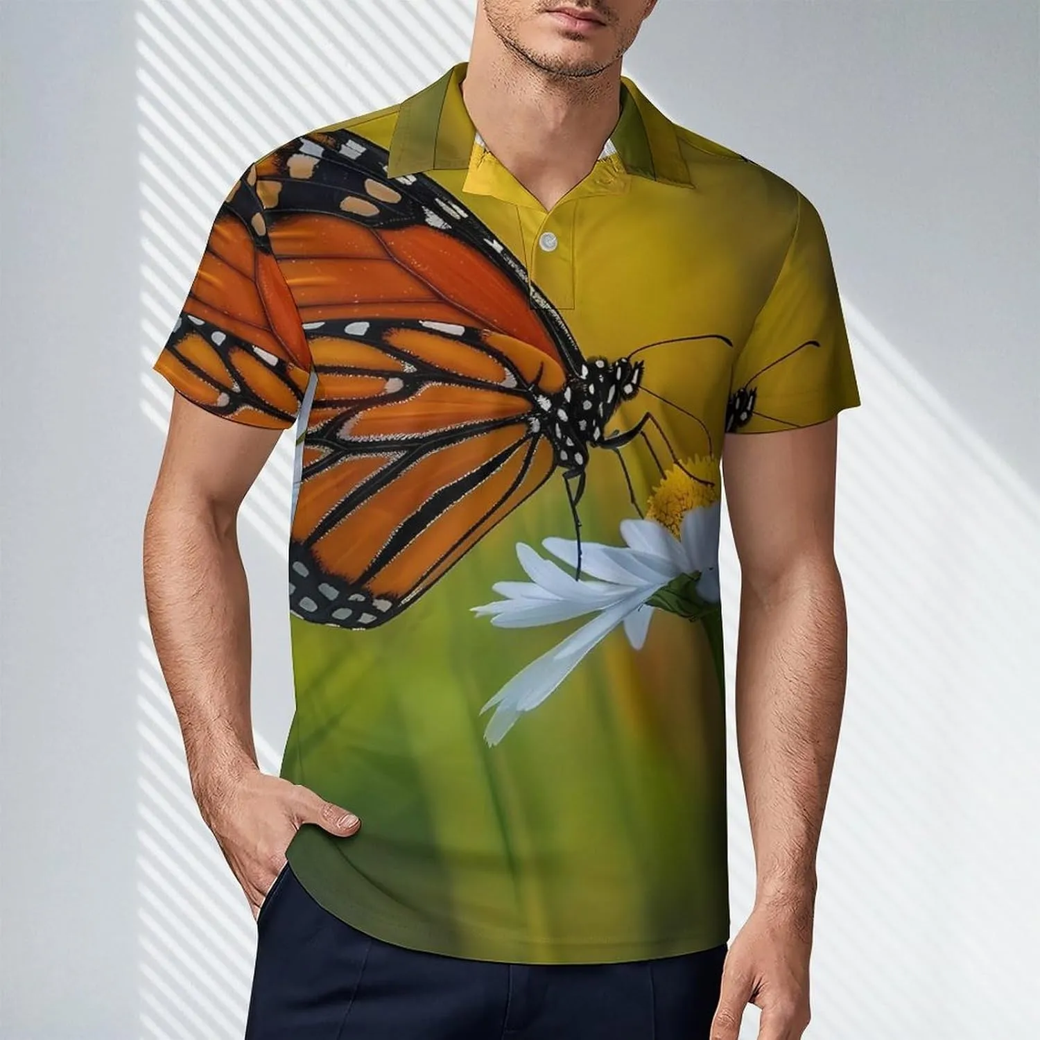 Monarch Butterfly on Flower Men's Polo Shirt Short Sleeve Print T Shirt Slim Fit Golf Shirt Collared Tee Casual Top