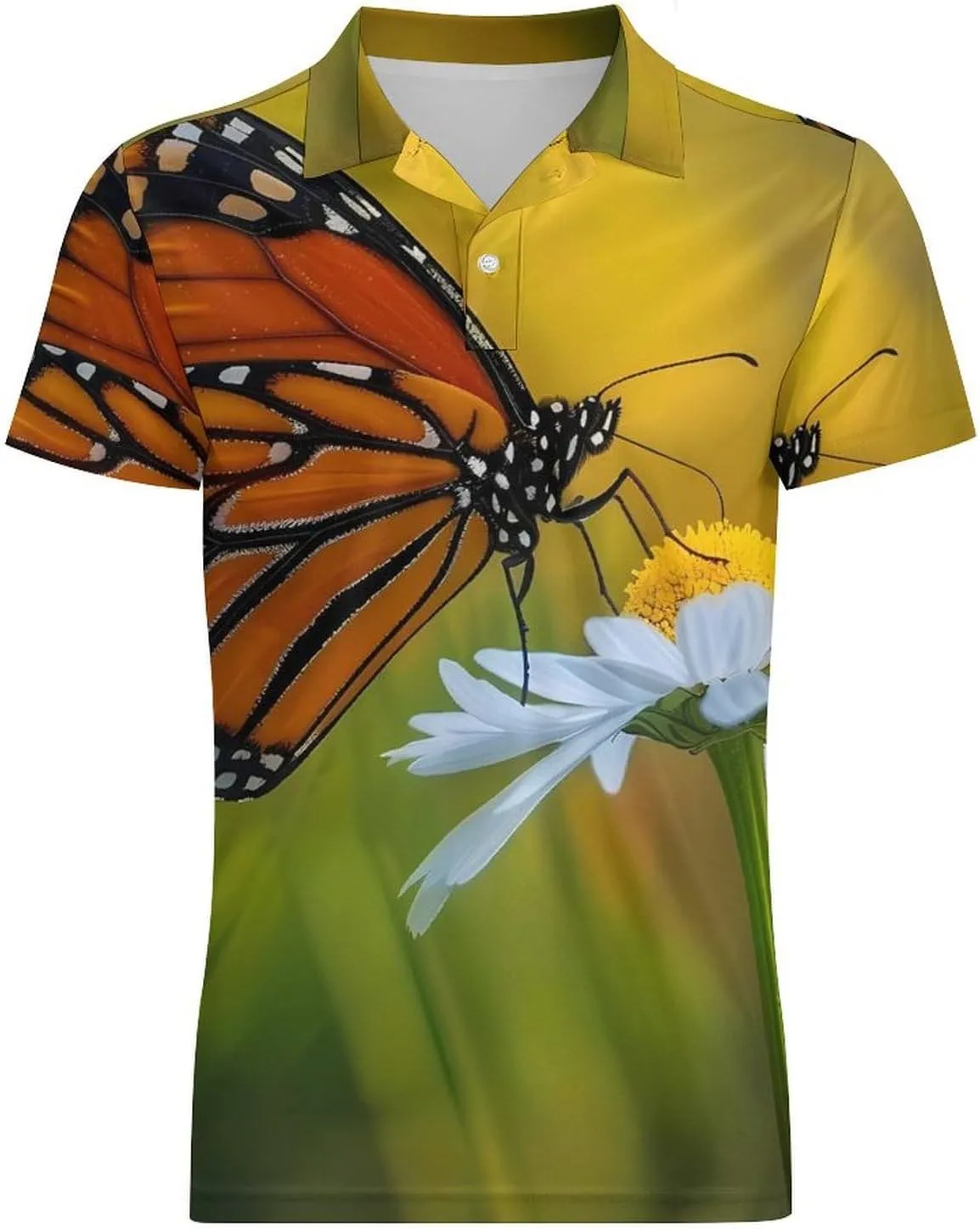 Monarch Butterfly on Flower Men's Polo Shirt Short Sleeve Print T Shirt Slim Fit Golf Shirt Collared Tee Casual Top