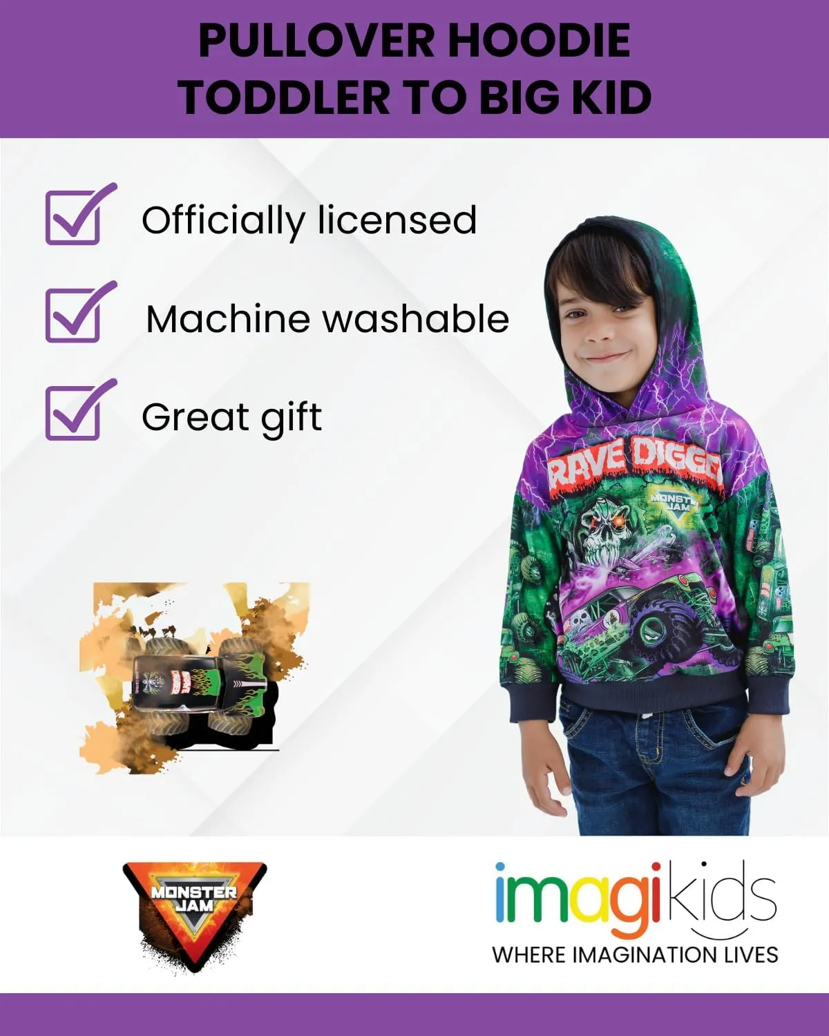 Monster Jam Fleece Pullover Hoodie Toddler to Big Kid Grave Digger El Toro Loco Megalodon Sparkle Smash