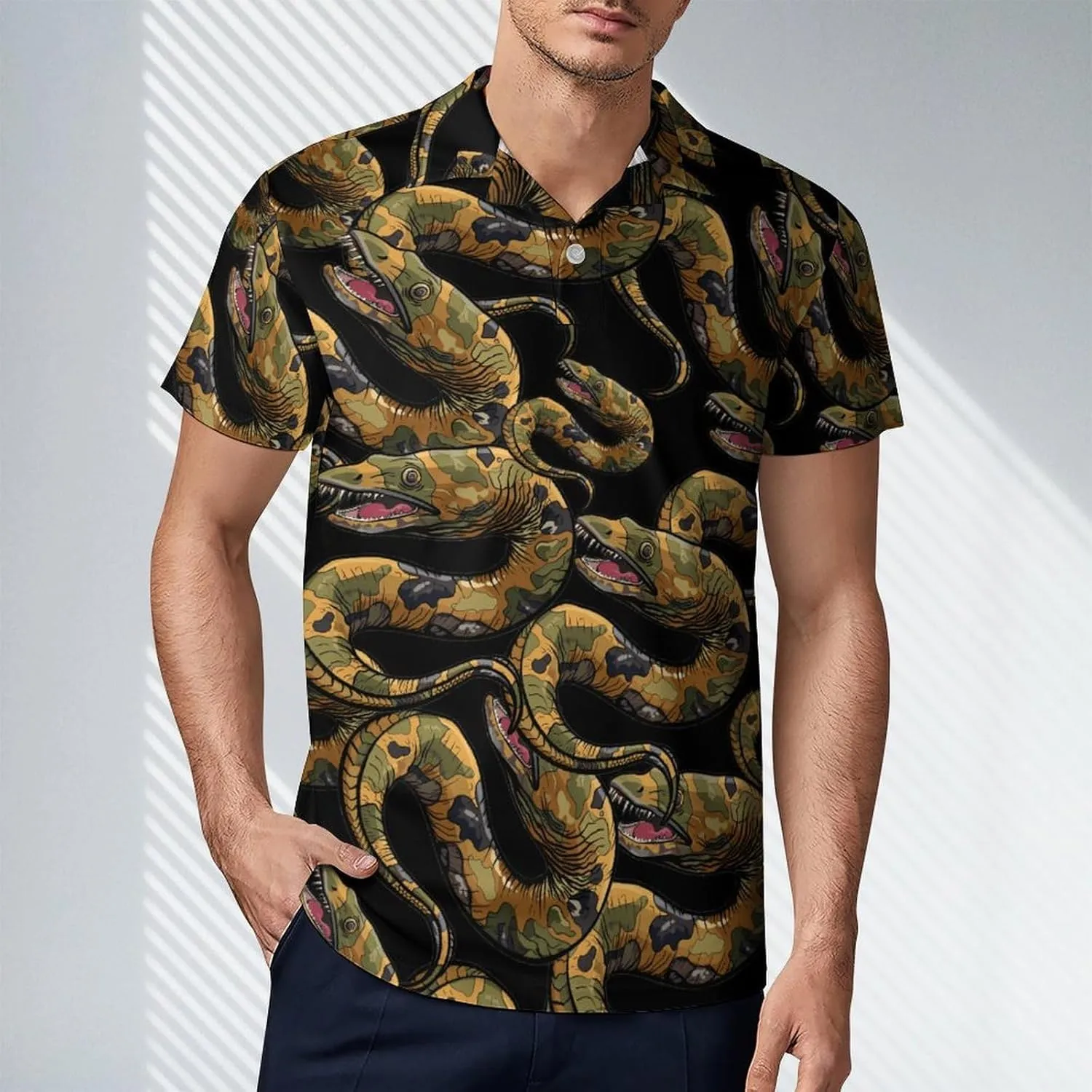 Moray EEL Camouflage Men's Polo Shirt Short Sleeve Print T Shirt Slim Fit Golf Shirt Collared Tee Casual Top