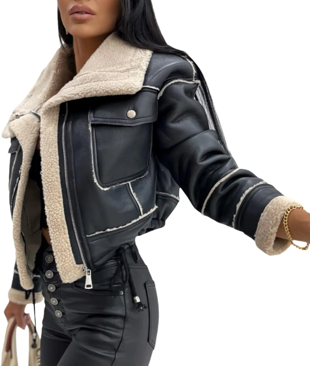 Mtsebmves Women's Faux Shearing Jacket Thick Lined Parka Winter Shearling Coat Leather Jacket Lapel Zipper Jackets