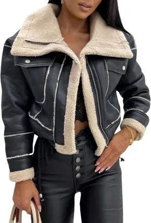 Mtsebmves Women's Faux Shearing Jacket Thick Lined Parka Winter Shearling Coat Leather Jacket Lapel Zipper Jackets