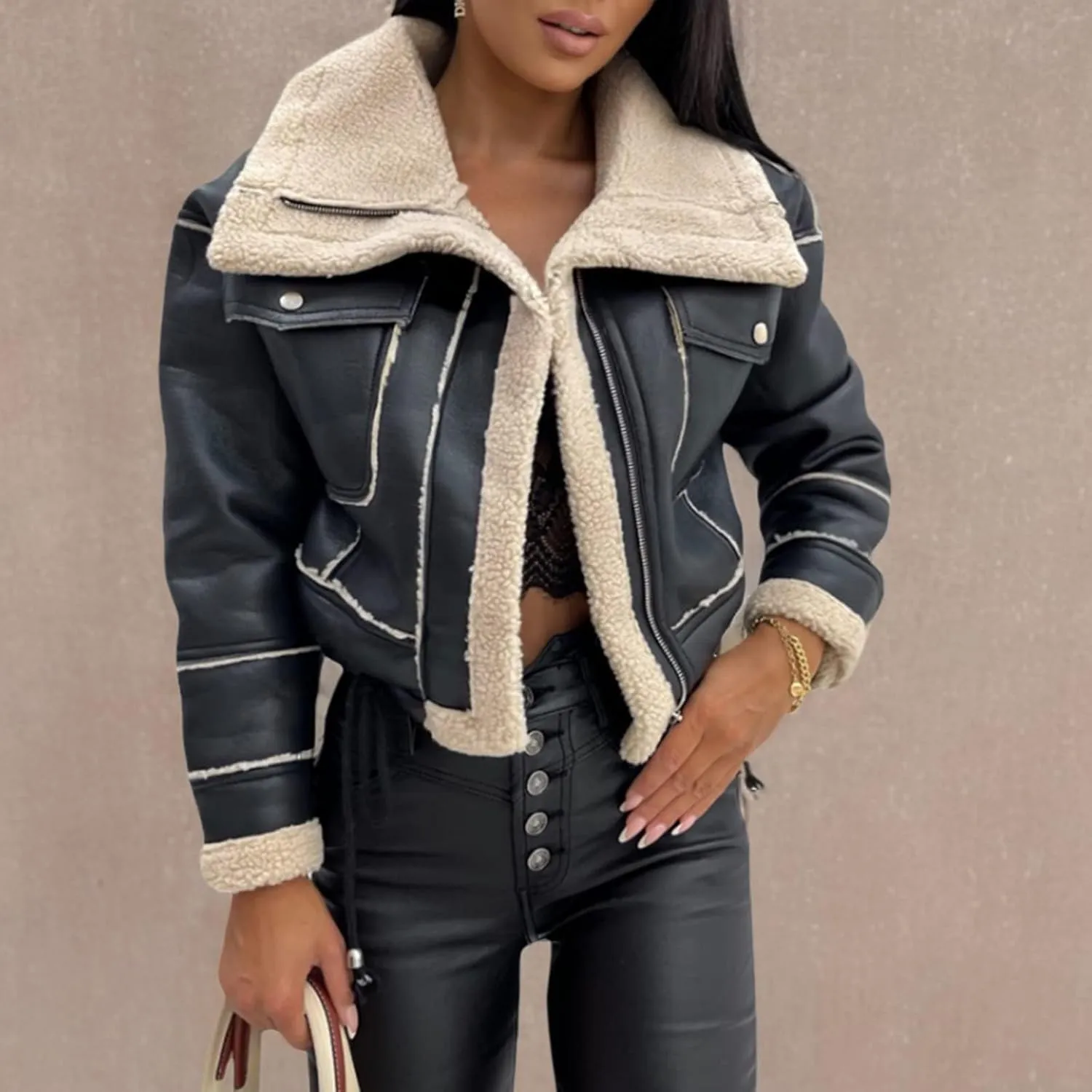 Mtsebmves Women's Faux Shearing Jacket Thick Lined Parka Winter Shearling Coat Leather Jacket Lapel Zipper Jackets