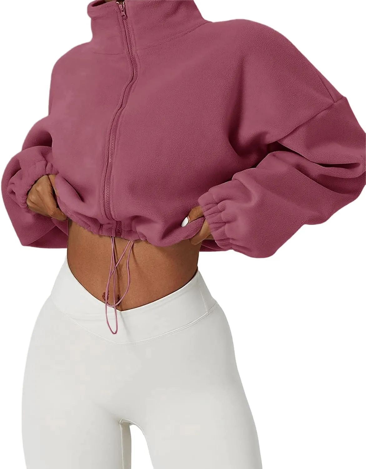 Muchpow Women's Full Zip Fleece Short Jackets Casual Winter Long Sleeve Stand Collar Sherpa Crop Coat