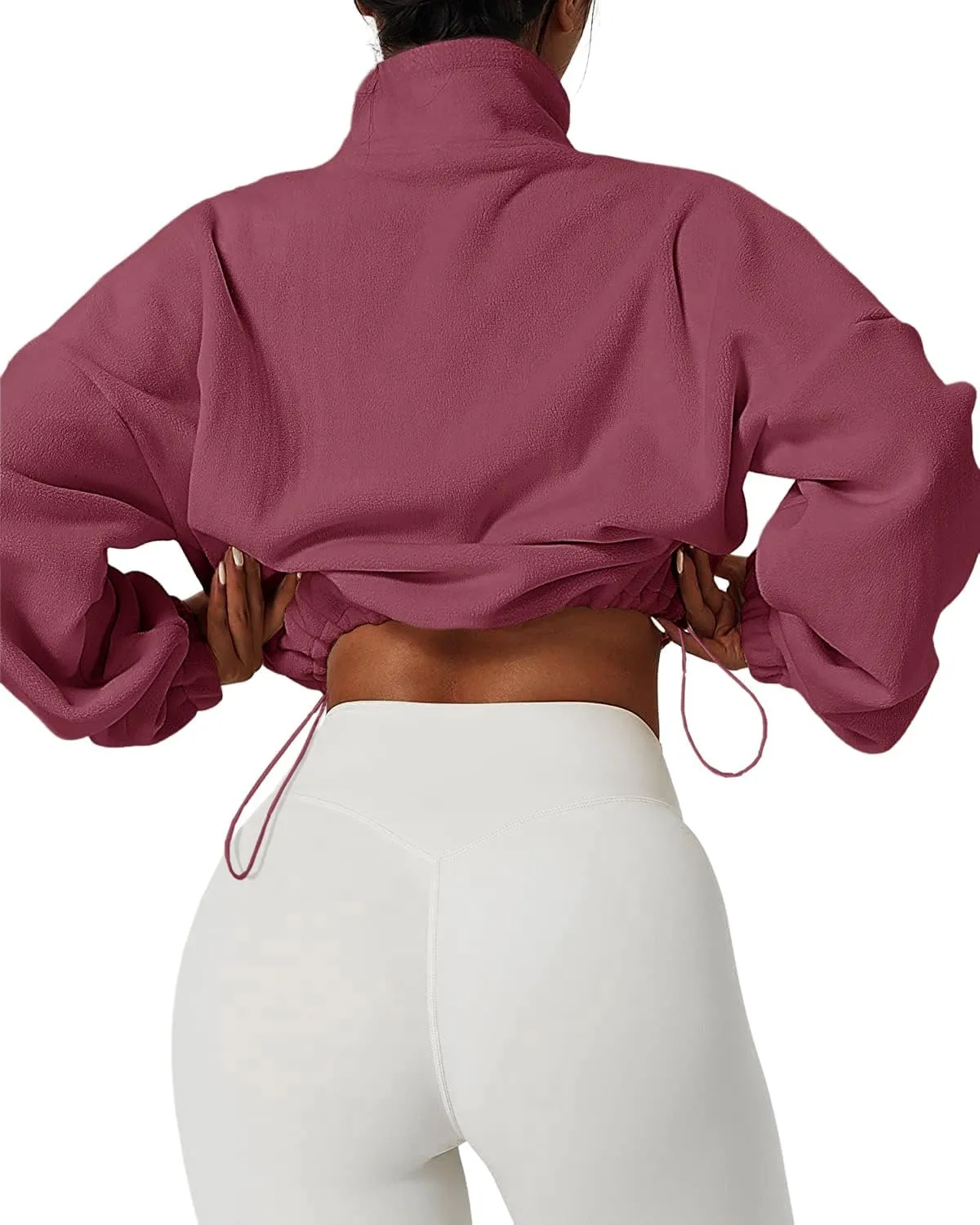 Muchpow Women's Full Zip Fleece Short Jackets Casual Winter Long Sleeve Stand Collar Sherpa Crop Coat
