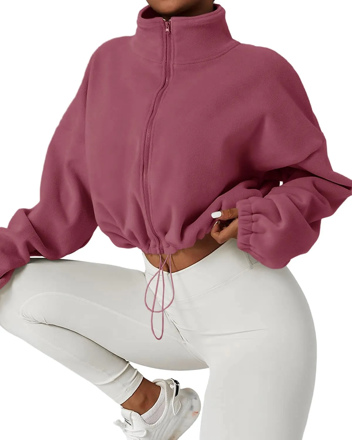 Muchpow Women's Full Zip Fleece Short Jackets Casual Winter Long Sleeve Stand Collar Sherpa Crop Coat