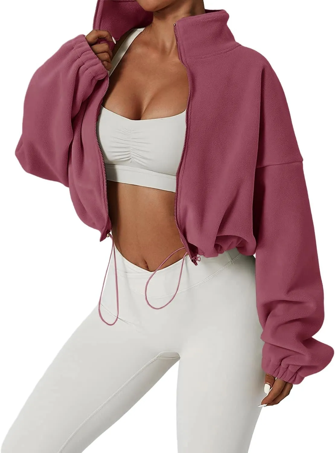Muchpow Women's Full Zip Fleece Short Jackets Casual Winter Long Sleeve Stand Collar Sherpa Crop Coat