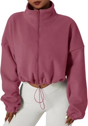 Muchpow Women's Full Zip Fleece Short Jackets Casual Winter Long Sleeve Stand Collar Sherpa Crop Coat