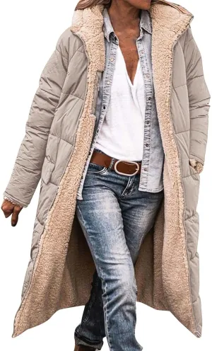 Muyise Womens Sherpa Fleece Coat Winter Warm Oversized Shearling Thicken Puffer Long Coats Jackets Outerwear with Pockets