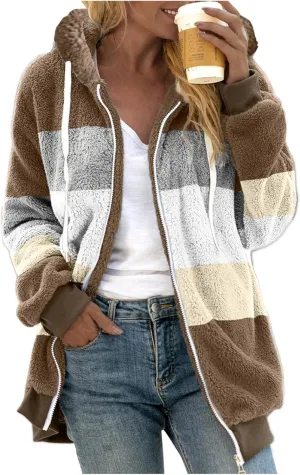 Muyise Womens Warm Fuzzy Zip Up Hoodie Oversized Sherpa Jacket Winter Fluffy Fleece Hooded Outerwear Coat with Pockets