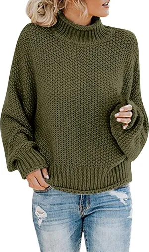Muyise Womens Winter Fall Solid Color Turtleneck High Neck Balloon Long Sleeve Chunky Sweaters Oversized Pullover Outerwear