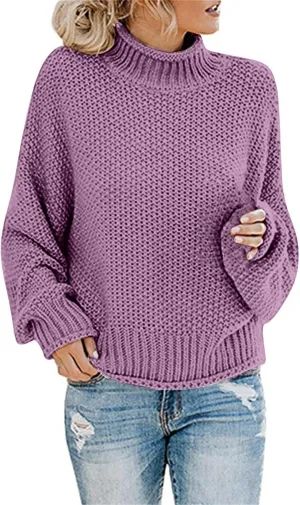 Muyise Womens Winter Fall Solid Color Turtleneck High Neck Balloon Long Sleeve Chunky Sweaters Oversized Pullover Outerwear