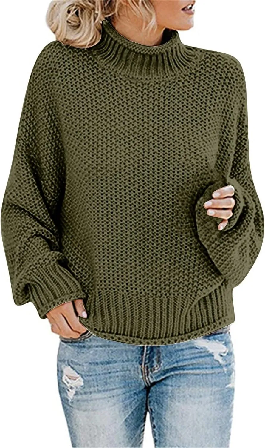 Muyise Womens Winter Fall Solid Color Turtleneck High Neck Balloon Long Sleeve Chunky Sweaters Oversized Pullover Outerwear