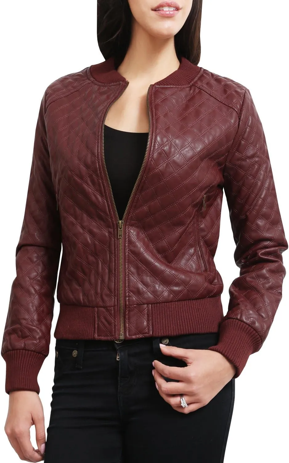 NE PEOPLE Women's Premium Fitted faux leather Zip Up Moto Jacket