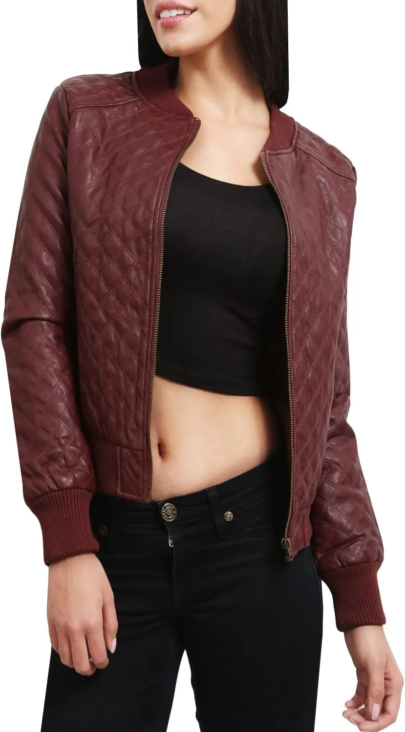 NE PEOPLE Women's Premium Fitted faux leather Zip Up Moto Jacket