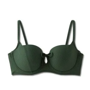 New - Women's Light Lift Tie-Front Keyhole Pique Textured Bikini Top - Shade & Shore Dark Green 32DDD