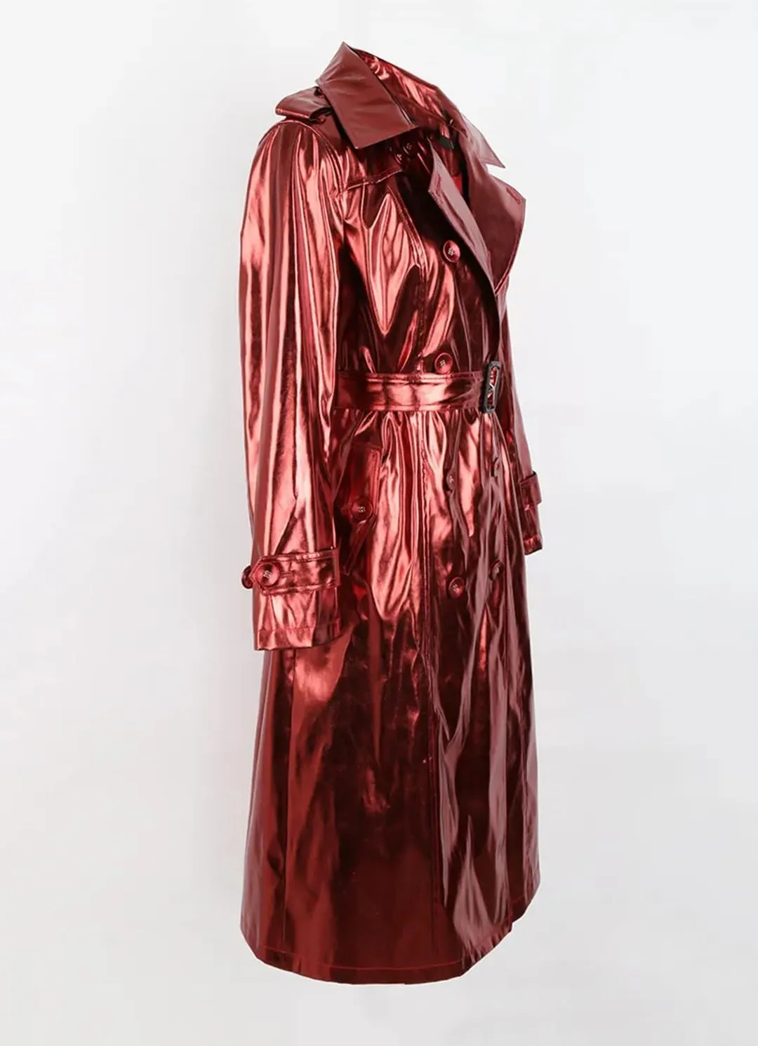 Niiyyjj Long Shiny Reflective Patent Leather Trench Coat For Women Sashes Double Breasted Leather Jacket