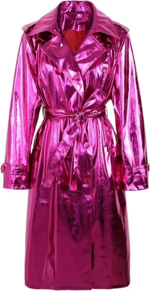 Niiyyjj Long Shiny Reflective Patent Leather Trench Coat For Women Sashes Double Breasted Leather Jacket