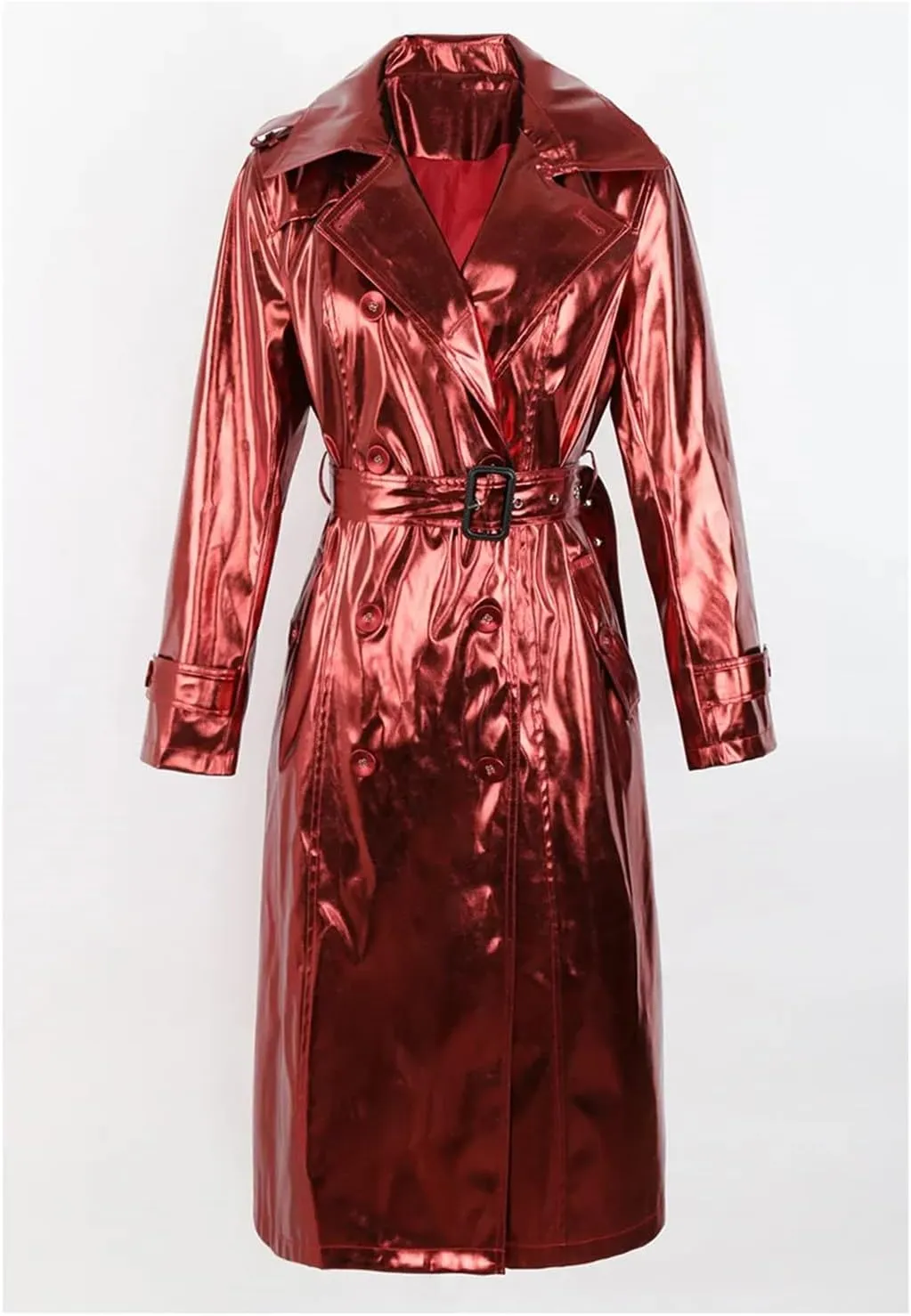 Niiyyjj Long Shiny Reflective Patent Leather Trench Coat For Women Sashes Double Breasted Leather Jacket