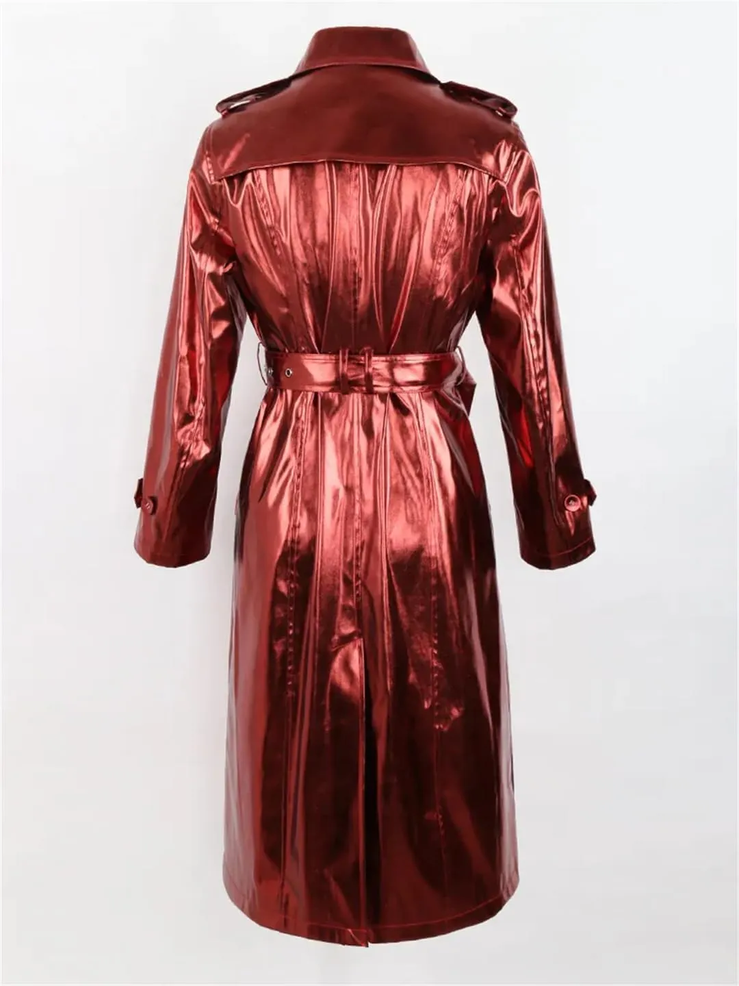 Niiyyjj Long Shiny Reflective Patent Leather Trench Coat For Women Sashes Double Breasted Leather Jacket