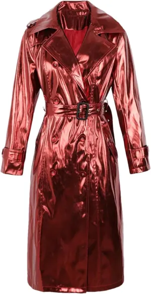Niiyyjj Long Shiny Reflective Patent Leather Trench Coat For Women Sashes Double Breasted Leather Jacket