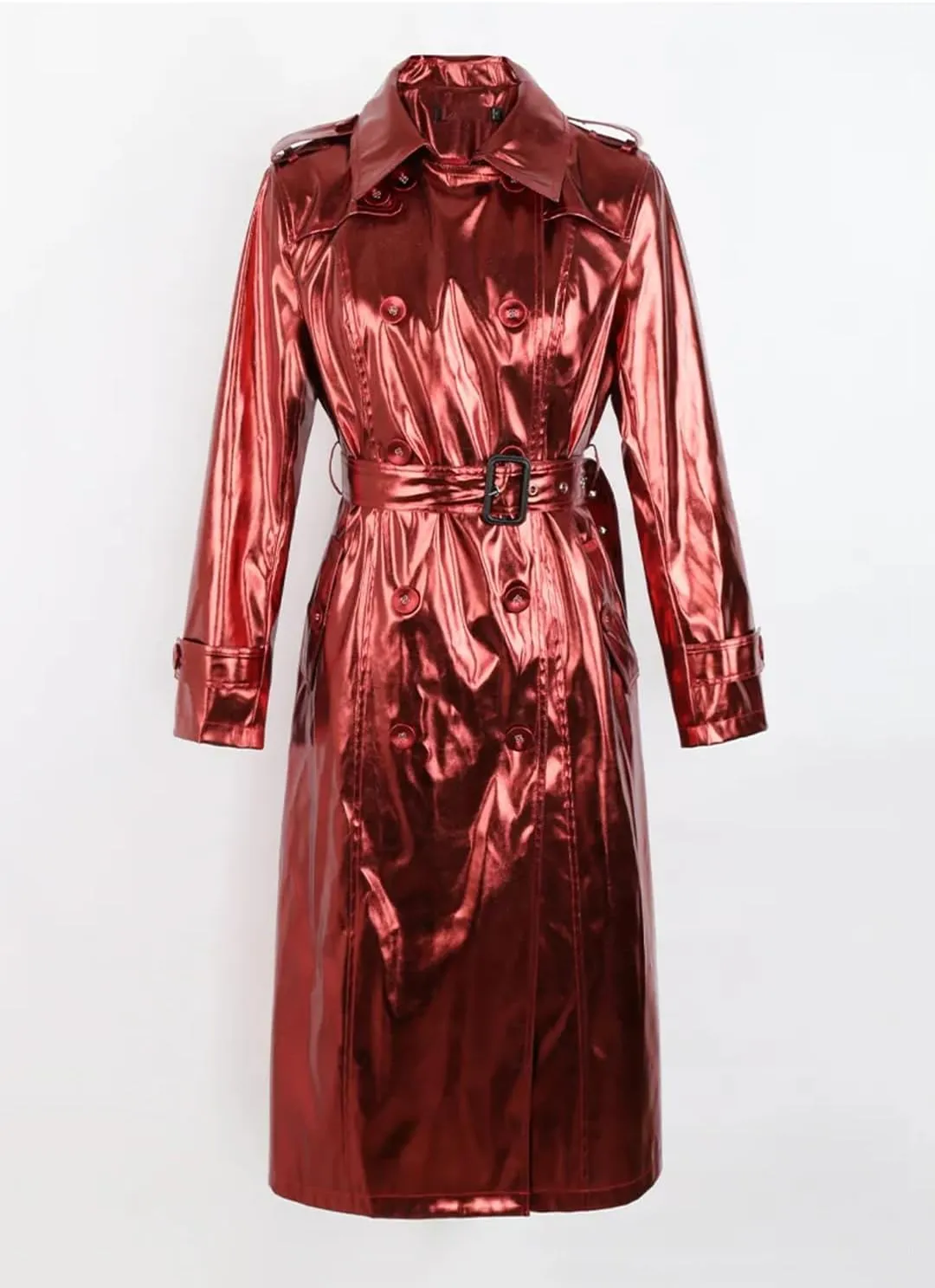 Niiyyjj Long Shiny Reflective Patent Leather Trench Coat For Women Sashes Double Breasted Leather Jacket