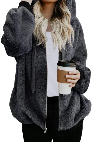 Nirovien Womens Sherpa Jacket Fuzzy Zip Up Hoodie Oversized Fleece Jackets Fluffy Coat with Pockets