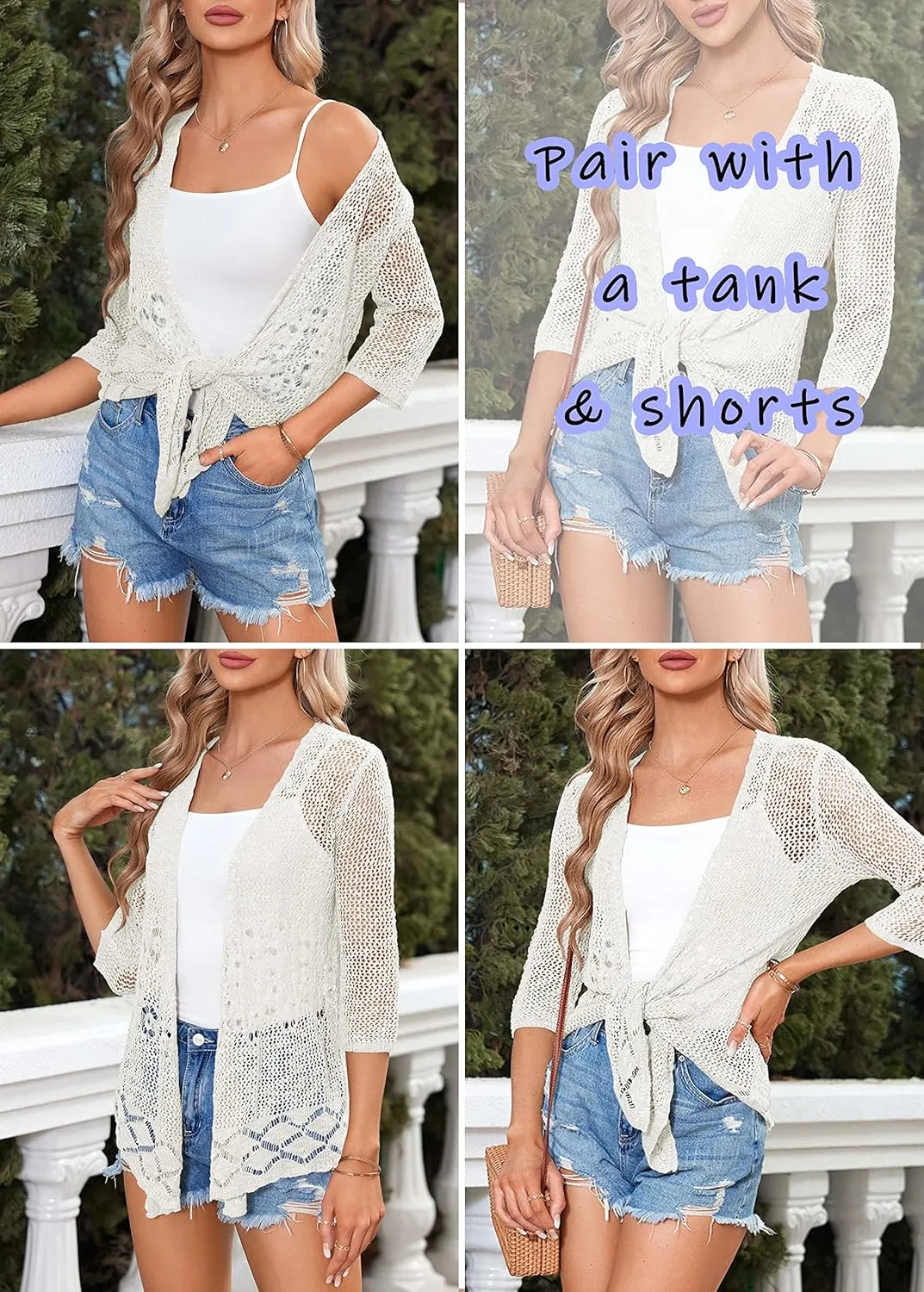 Nulibenna Womens Sheer Shrug Sweaters 3/4 Sleeve Open Front Tie Cardigan Bolero Jacket Lightweight Crochet Knit Cover Up Tops