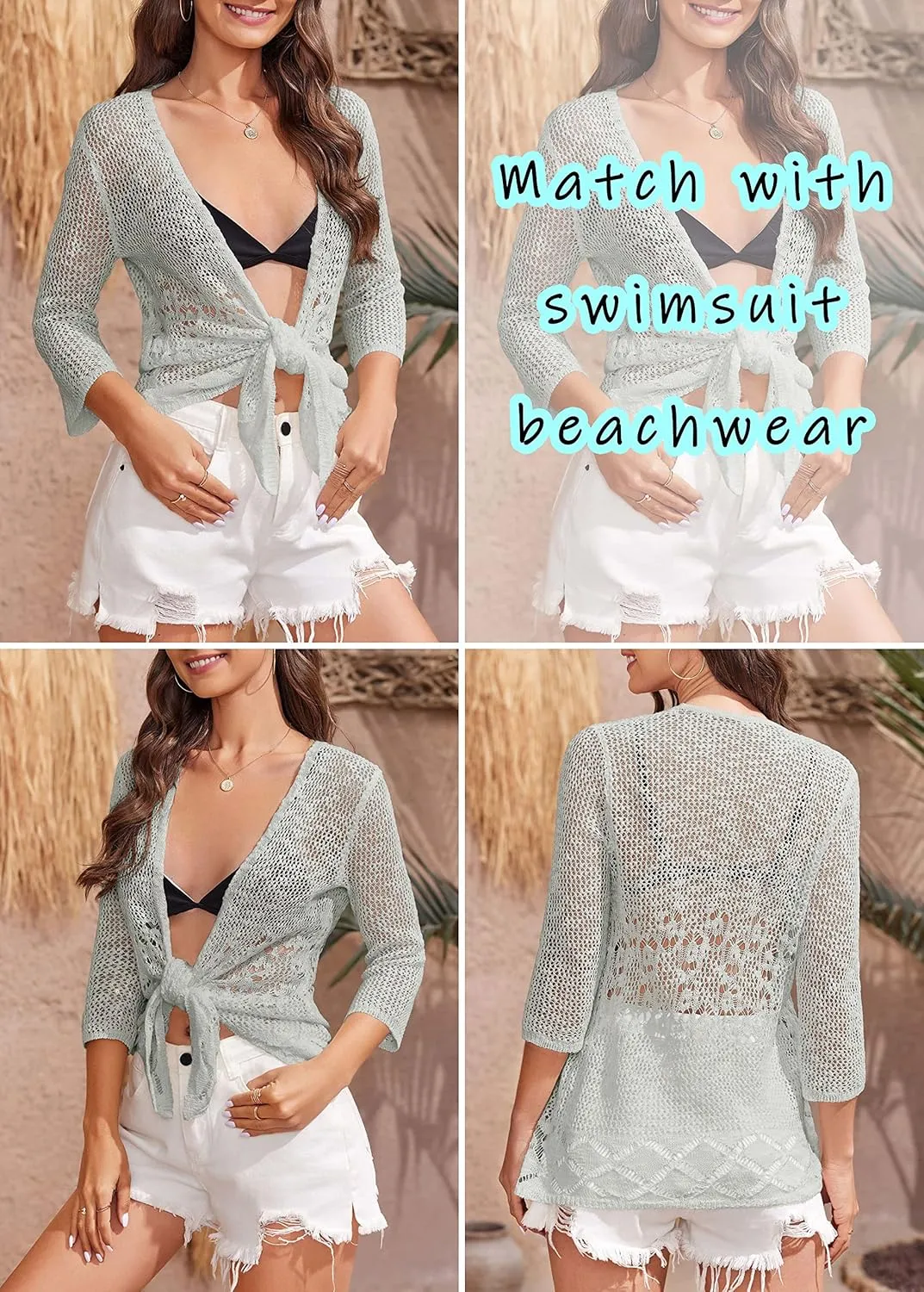 Nulibenna Womens Sheer Shrug Sweaters 3/4 Sleeve Open Front Tie Cardigan Bolero Jacket Lightweight Crochet Knit Cover Up Tops