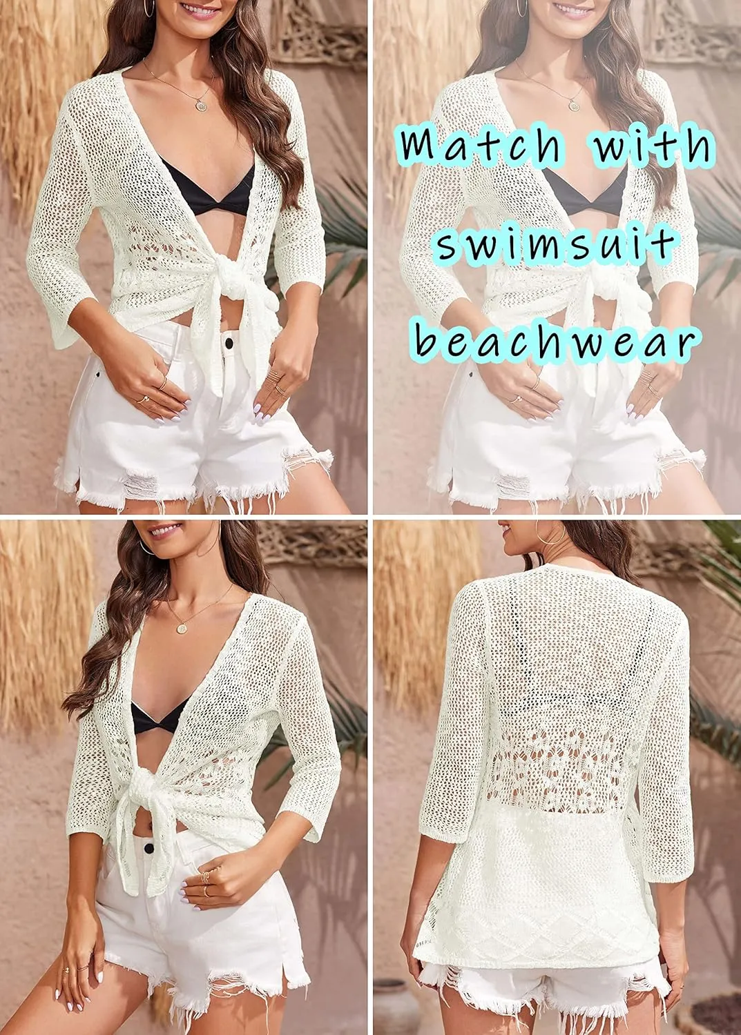 Nulibenna Womens Sheer Shrug Sweaters 3/4 Sleeve Open Front Tie Cardigan Bolero Jacket Lightweight Crochet Knit Cover Up Tops