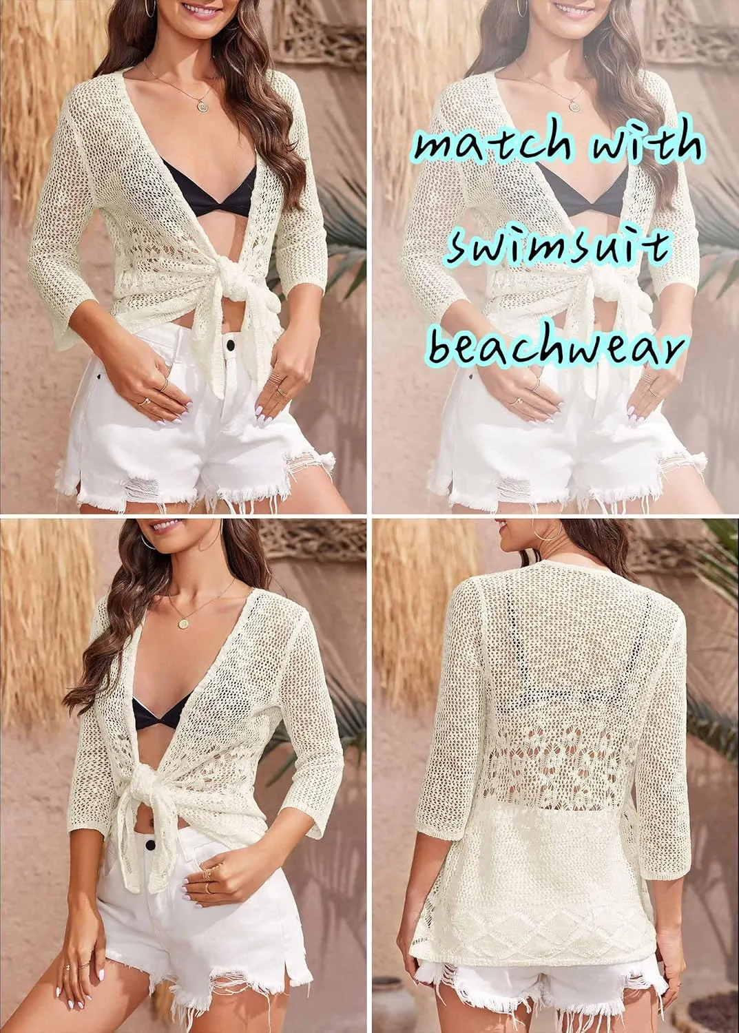 Nulibenna Womens Sheer Shrug Sweaters 3/4 Sleeve Open Front Tie Cardigan Bolero Jacket Lightweight Crochet Knit Cover Up Tops