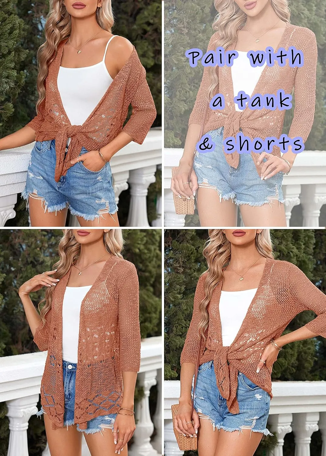 Nulibenna Womens Sheer Shrug Sweaters 3/4 Sleeve Open Front Tie Cardigan Bolero Jacket Lightweight Crochet Knit Cover Up Tops