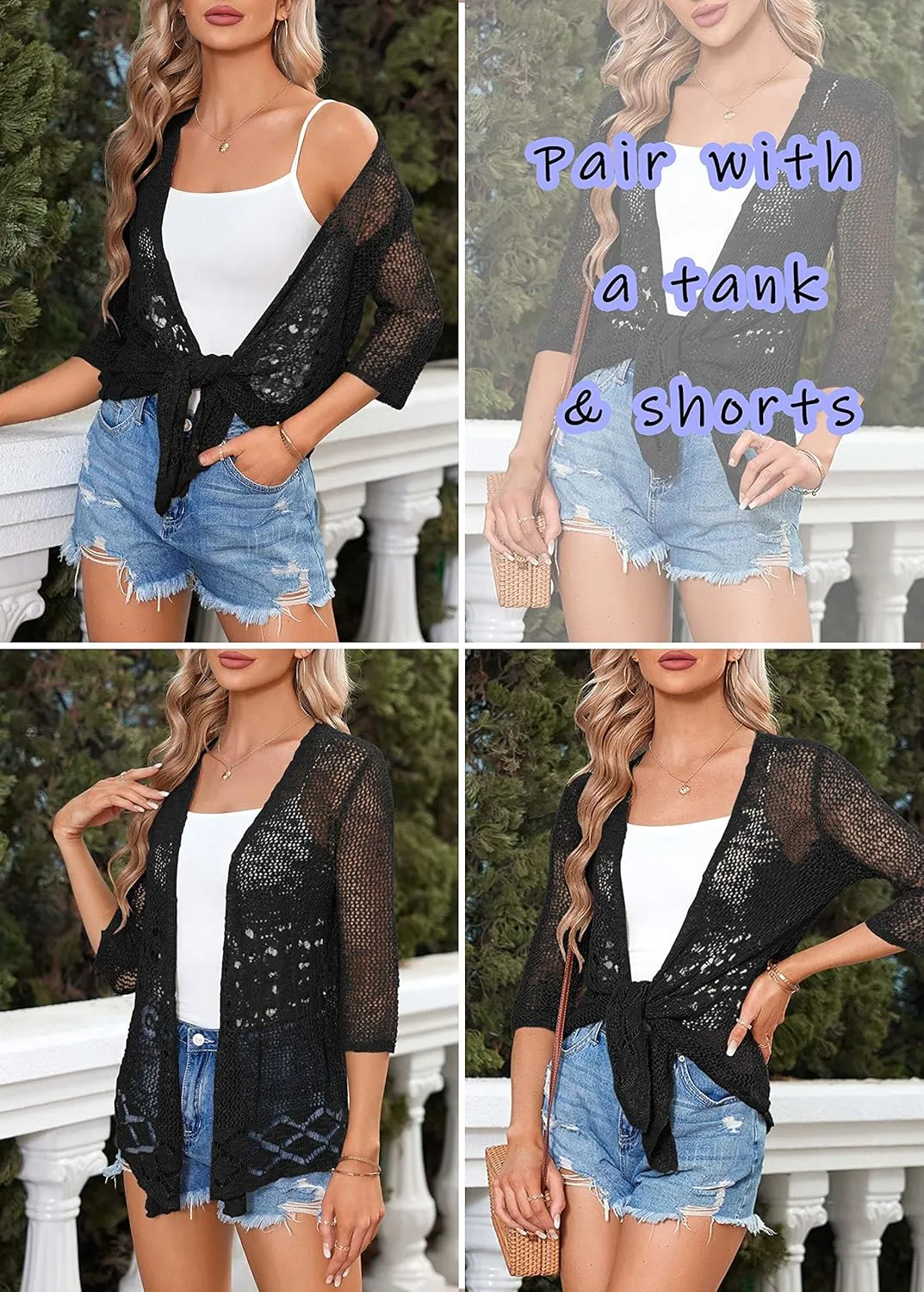 Nulibenna Womens Sheer Shrug Sweaters 3/4 Sleeve Open Front Tie Cardigan Bolero Jacket Lightweight Crochet Knit Cover Up Tops