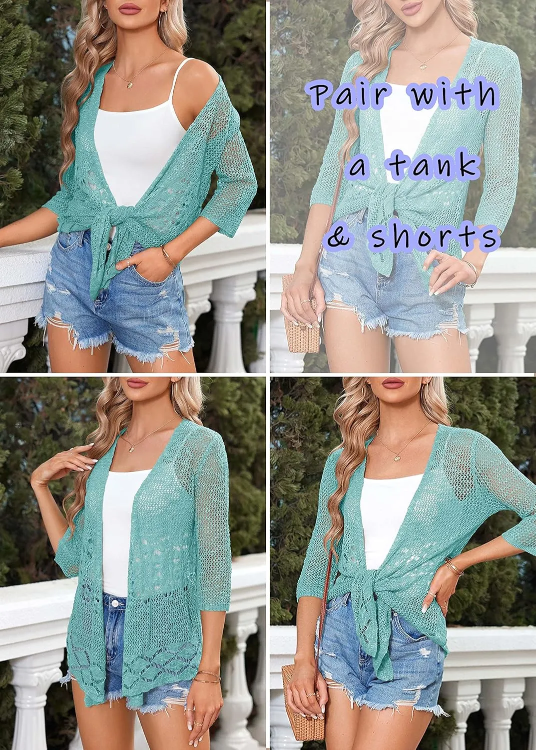 Nulibenna Womens Sheer Shrug Sweaters 3/4 Sleeve Open Front Tie Cardigan Bolero Jacket Lightweight Crochet Knit Cover Up Tops
