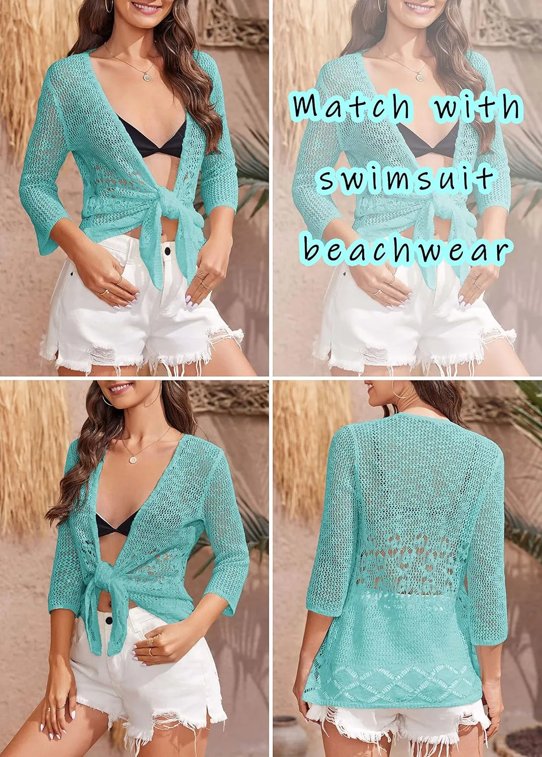 Nulibenna Womens Sheer Shrug Sweaters 3/4 Sleeve Open Front Tie Cardigan Bolero Jacket Lightweight Crochet Knit Cover Up Tops