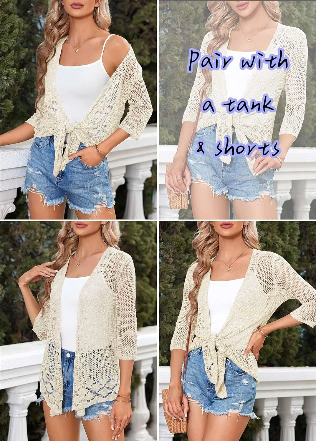 Nulibenna Womens Sheer Shrug Sweaters 3/4 Sleeve Open Front Tie Cardigan Bolero Jacket Lightweight Crochet Knit Cover Up Tops
