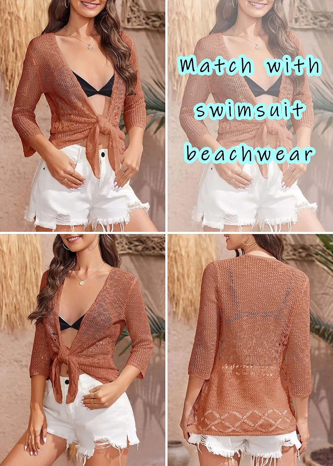 Nulibenna Womens Sheer Shrug Sweaters 3/4 Sleeve Open Front Tie Cardigan Bolero Jacket Lightweight Crochet Knit Cover Up Tops