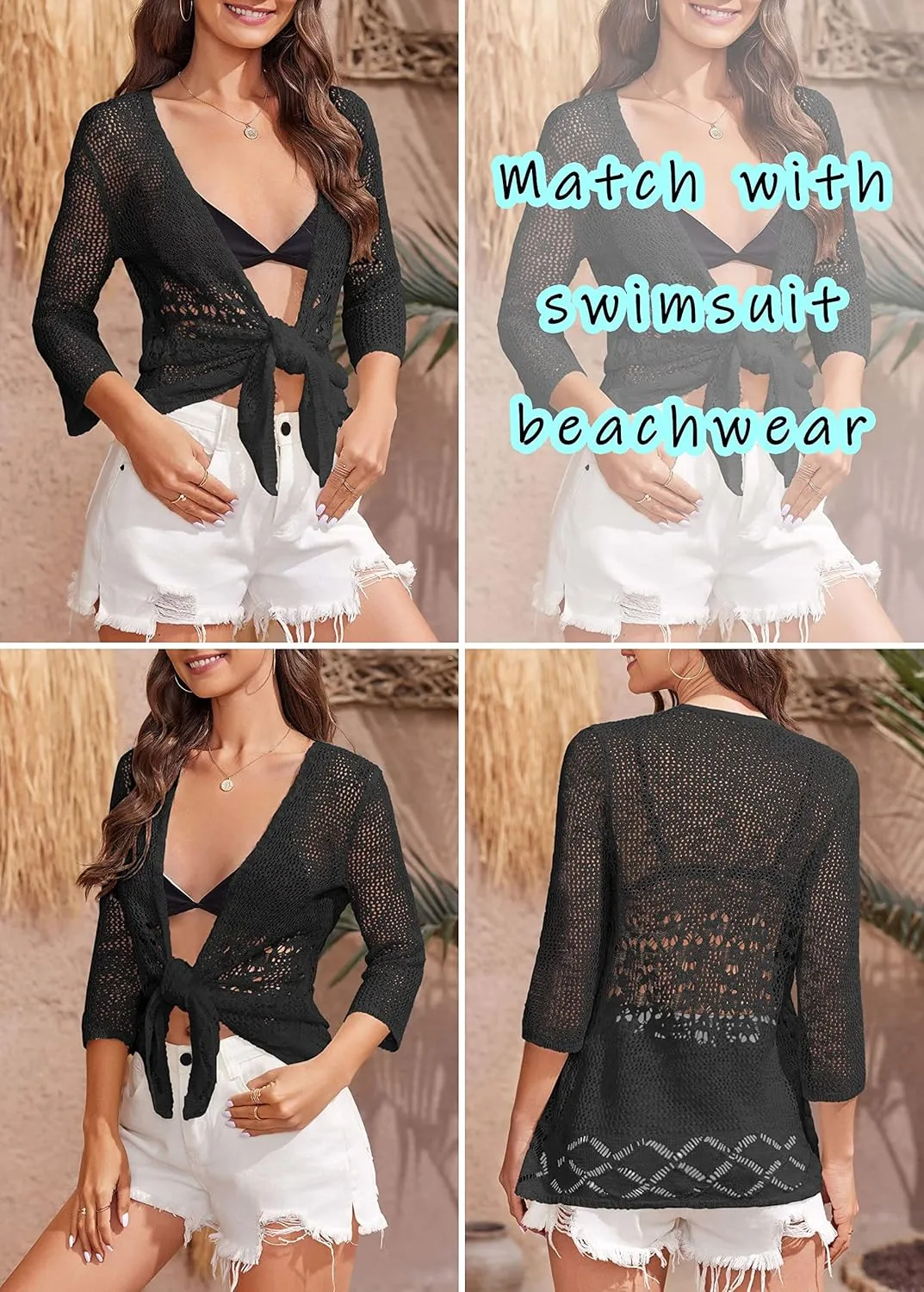 Nulibenna Womens Sheer Shrug Sweaters 3/4 Sleeve Open Front Tie Cardigan Bolero Jacket Lightweight Crochet Knit Cover Up Tops