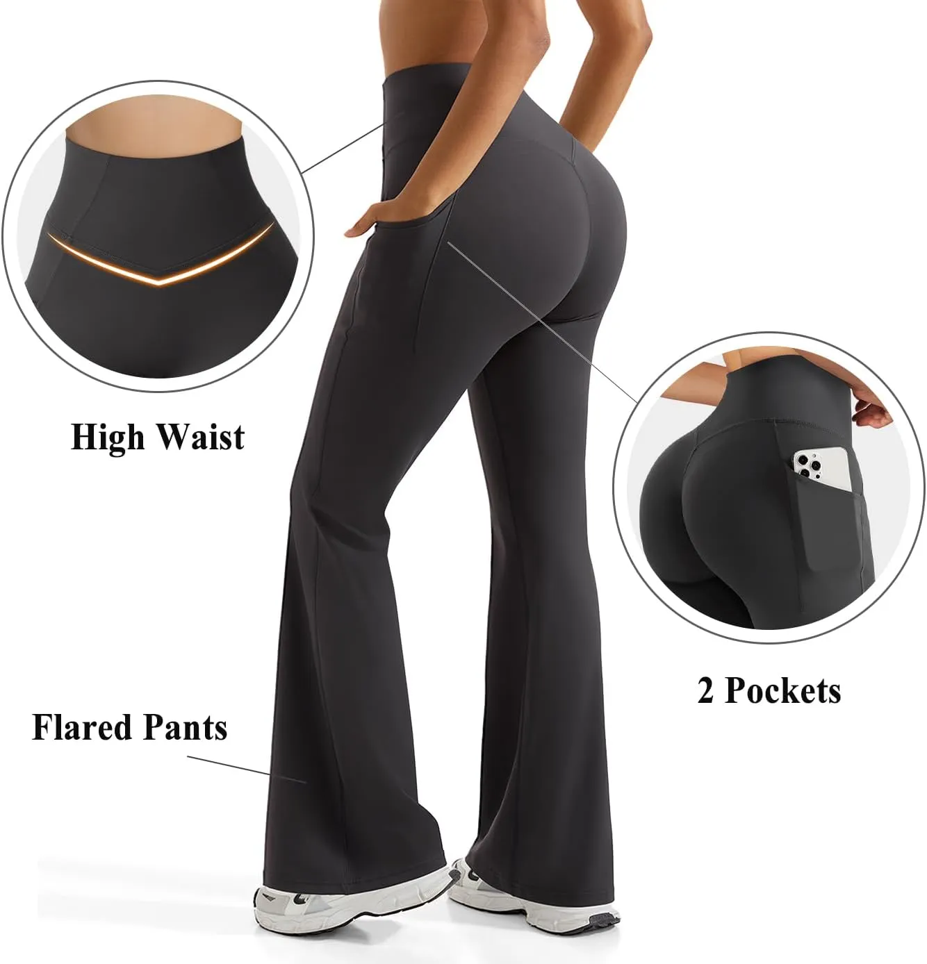 OMKAGI Women Flared Yoga Pants with Pockets Soft High Waisted Wide Leg Workout Leggings