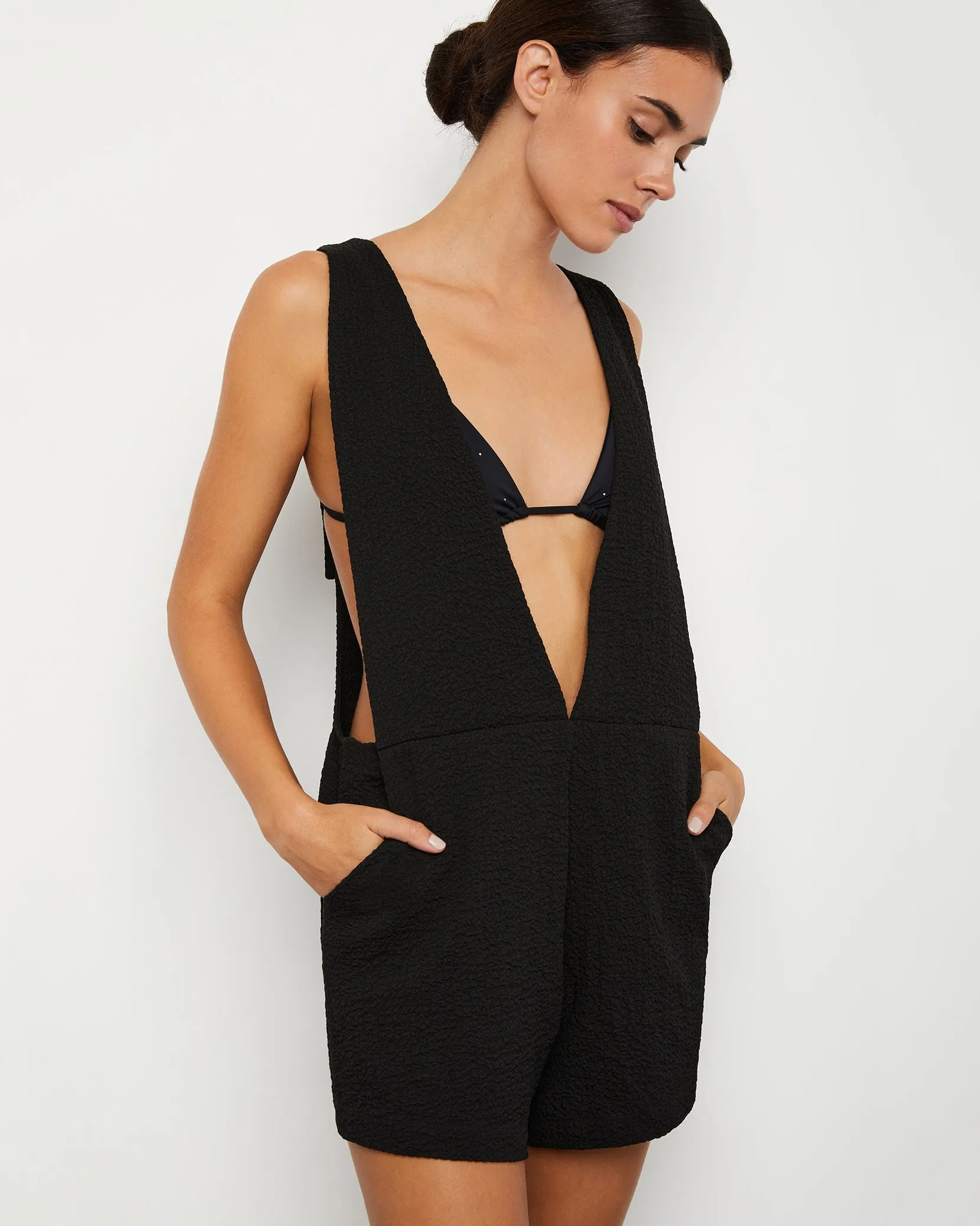 ONIA WOMENS PULL ON CRINKLE GAUZE ROMPER - BLACK