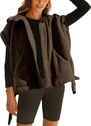 OPCAKM Women's Fuzzy Fleece Vest Oversized Sleeveless Sherpa Jacket Warm Button Down Gilet Outerwear with Pockets